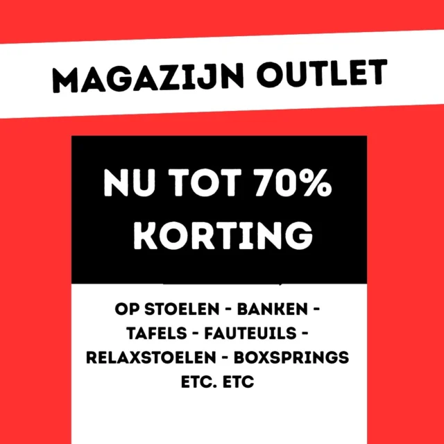 ‼️ Scoor nu jouw nieuwe meubel in de Meubel Magazijn Outlet ‼️

Wij gaan de winkel en het magazijn verbouwen en daarom gaan we plaats maken! Je profiteert nu van kortingen tot wel 70% op kwaliteitsmeubelen van Ad Bouw tegen weggeefprijzen 🚀

• Eetkamerstoelen 
• Banken 
• Relaxstoelen 
• Sta op stoelen 
• Tafels 
• Salontafels 
• Beddengoed en hoofdkussens 
• Woonaccessoires 

Bezoek de outlet aan de Industrielaan 19 in Uden (naast winkel Ad Bouw ⚠️ 

Openingstijden:

Dinsdag t/m Vrijdag 09:30-17:30u
Zaterdag 10:00-17:00u

Alles direct meenemen of later ophalen ! 

Tag die vriend/kennis/familielid die deze kans niet mag missen! 

Zien we je snel ? 🤩